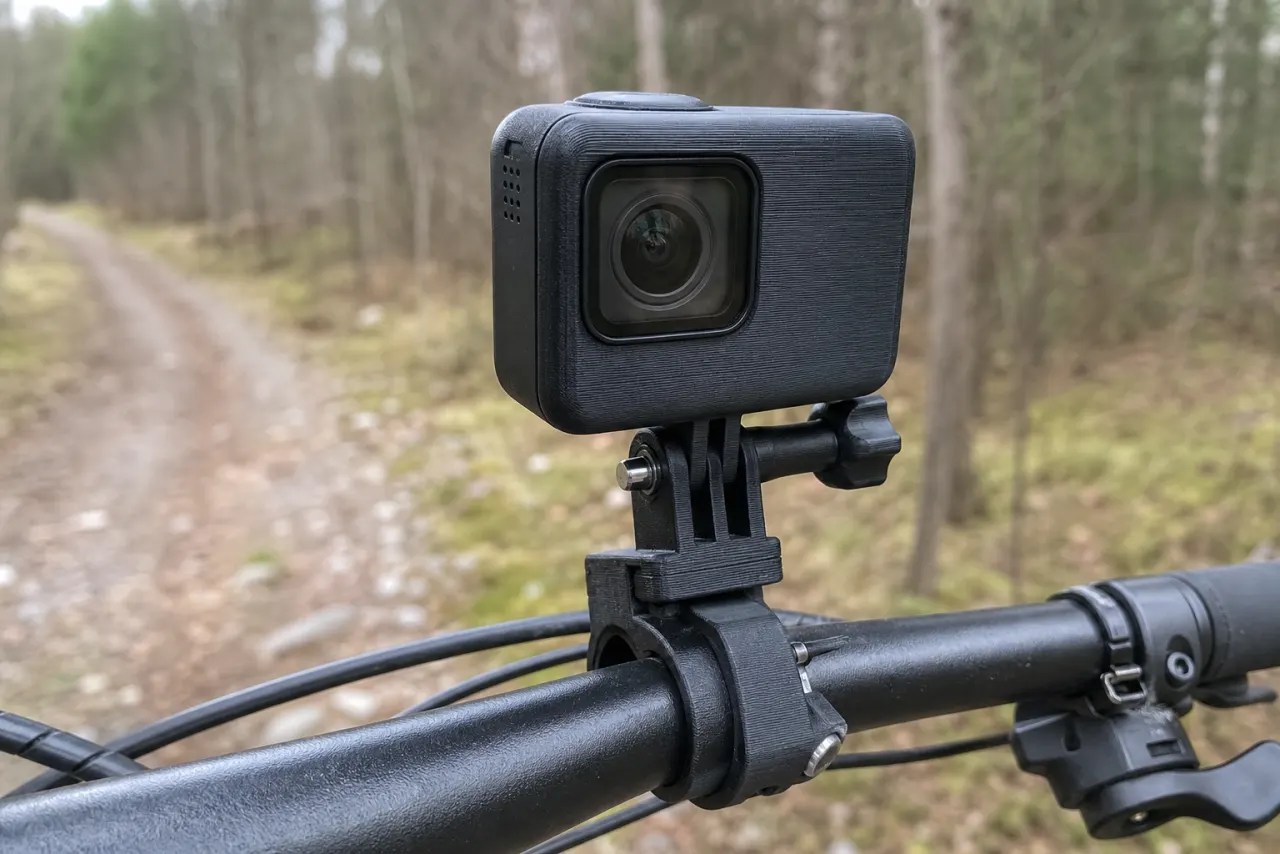 Svart 3D-printet feste med et actionkamera på et sykkelstyre i skogen