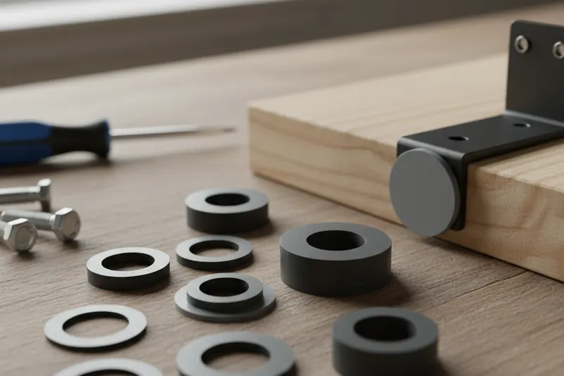 Svarte og grå 3D-printede avstandsstykker i ulike tykkelser på et arbeidsbord, ett montert mellom en brakett og et trebord