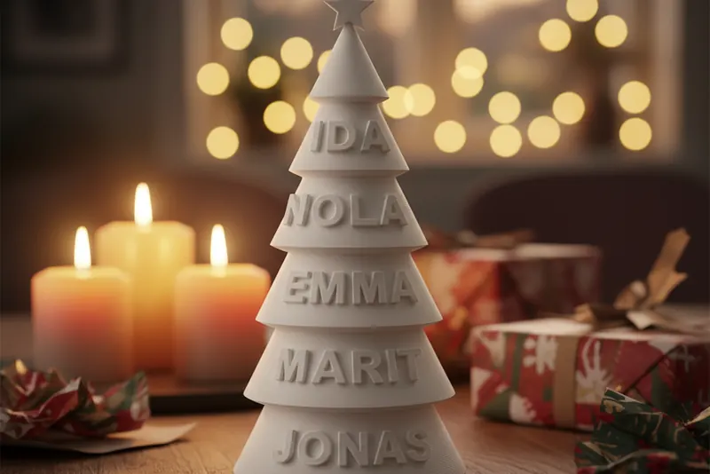 Lite hvitt 3D-printet bordjuletre med navnene IDA, NOLA, EMMA, MARIT og JONAS på etasjene, på et trebord med lys og gavepapir