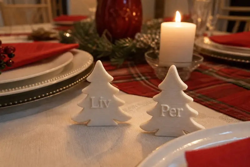 Hvite 3D-printede bordkortholdere med navnene Liv og Per på et dekket julebord