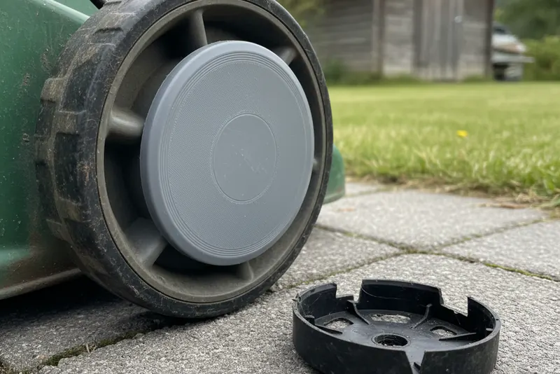 Ny grå 3D-printet hjulkapsel på bakhjulet til en gressklipper, den sprukne gamle kapselen ligger på hellene ved siden av