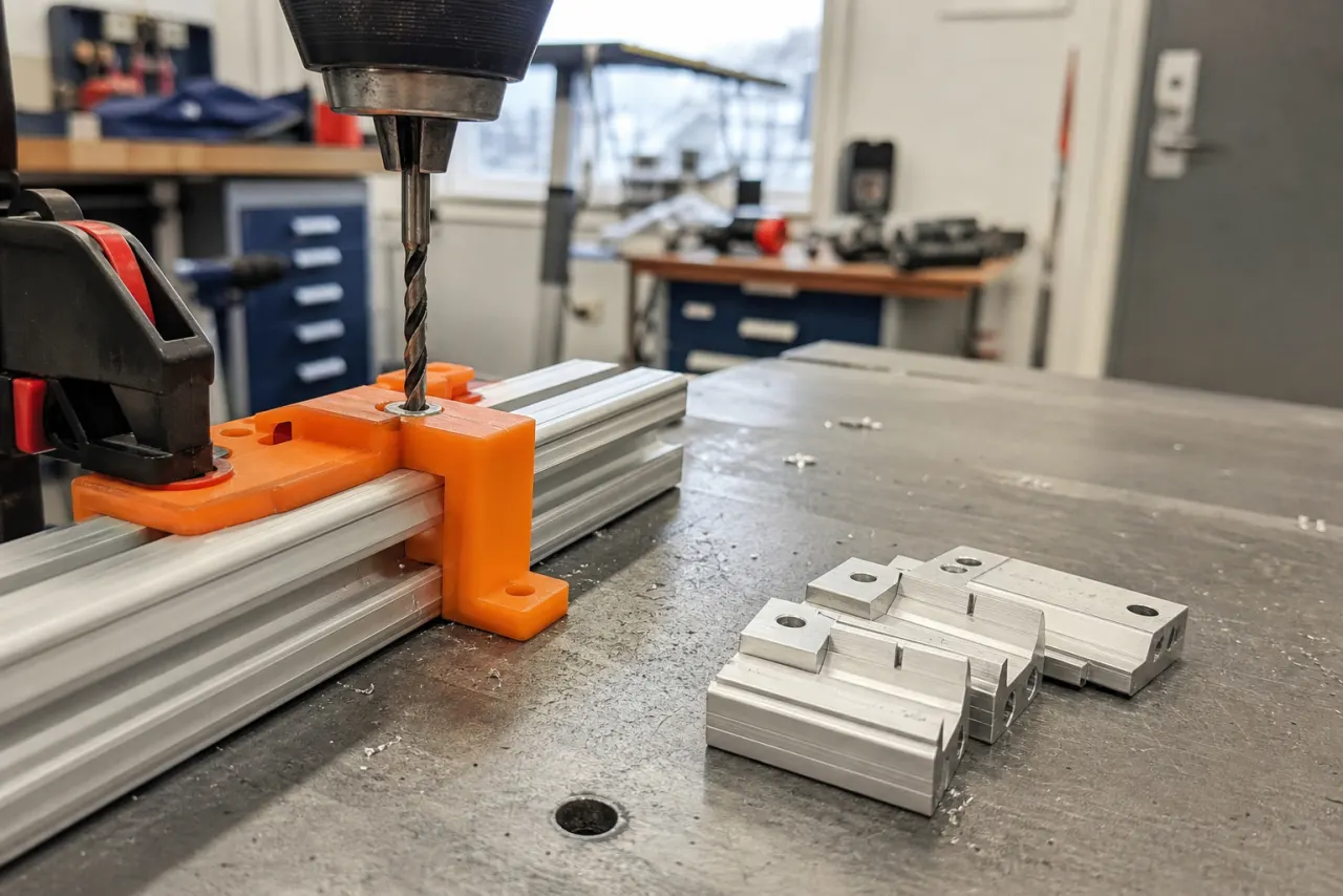 Oransje 3D-printet borejigg på en aluminiumsprofil