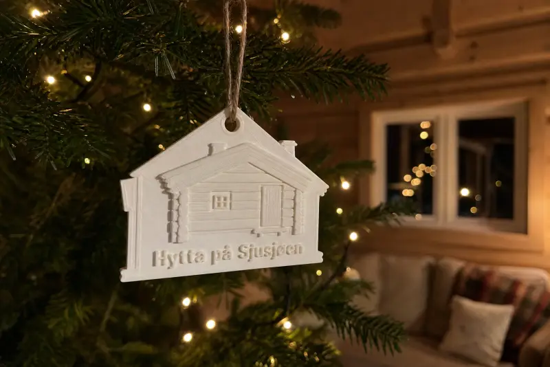 Offwhite 3D-printet julepynt formet som en hytte med teksten Hytta på Sjusjøen på et lite grantre