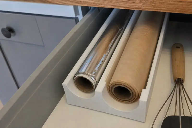 Hvit 3D-printet holder med folie og bakepapir i en kjøkkenskuff