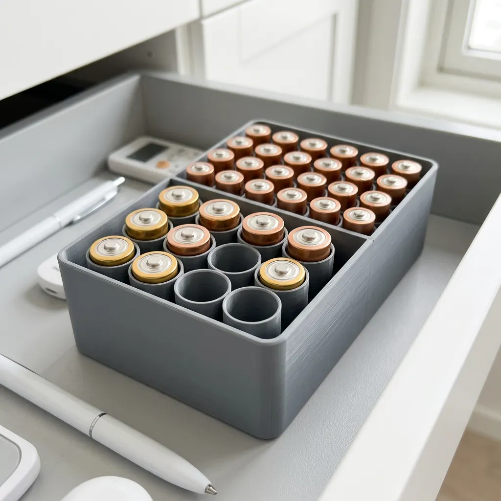 Batteriholder for AA og AAA, 3D-printet i PLA, vist i bruk