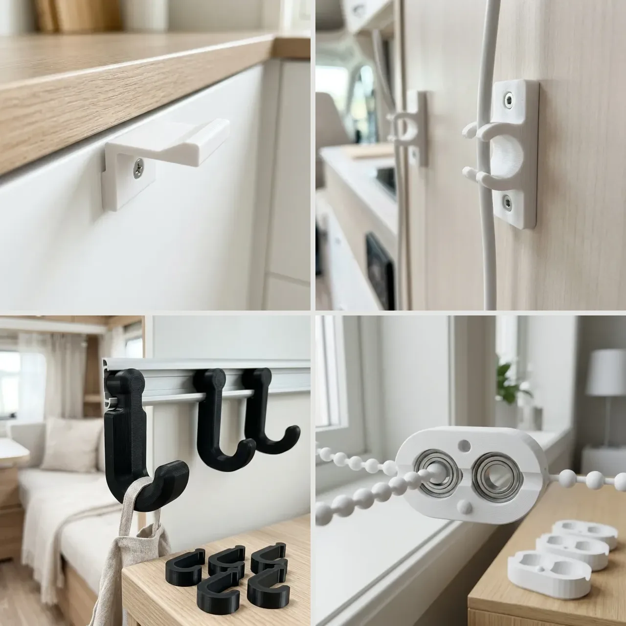 Bobil-pakken: skuffestopper, kabelclips, kroker for kederskinne og kjedelås for rullegardin, alle 3D-printet
