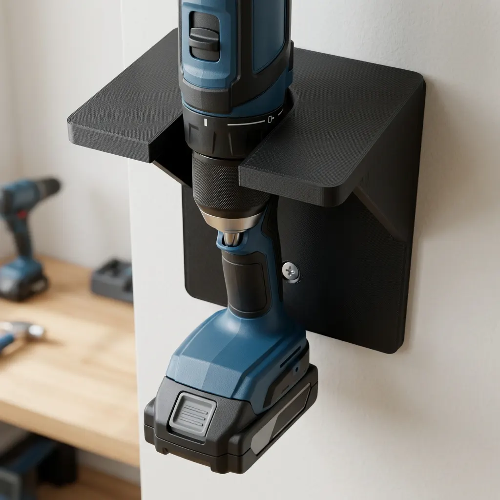 Drillholder for veggen, 3D-printet i PETG, vist i bruk