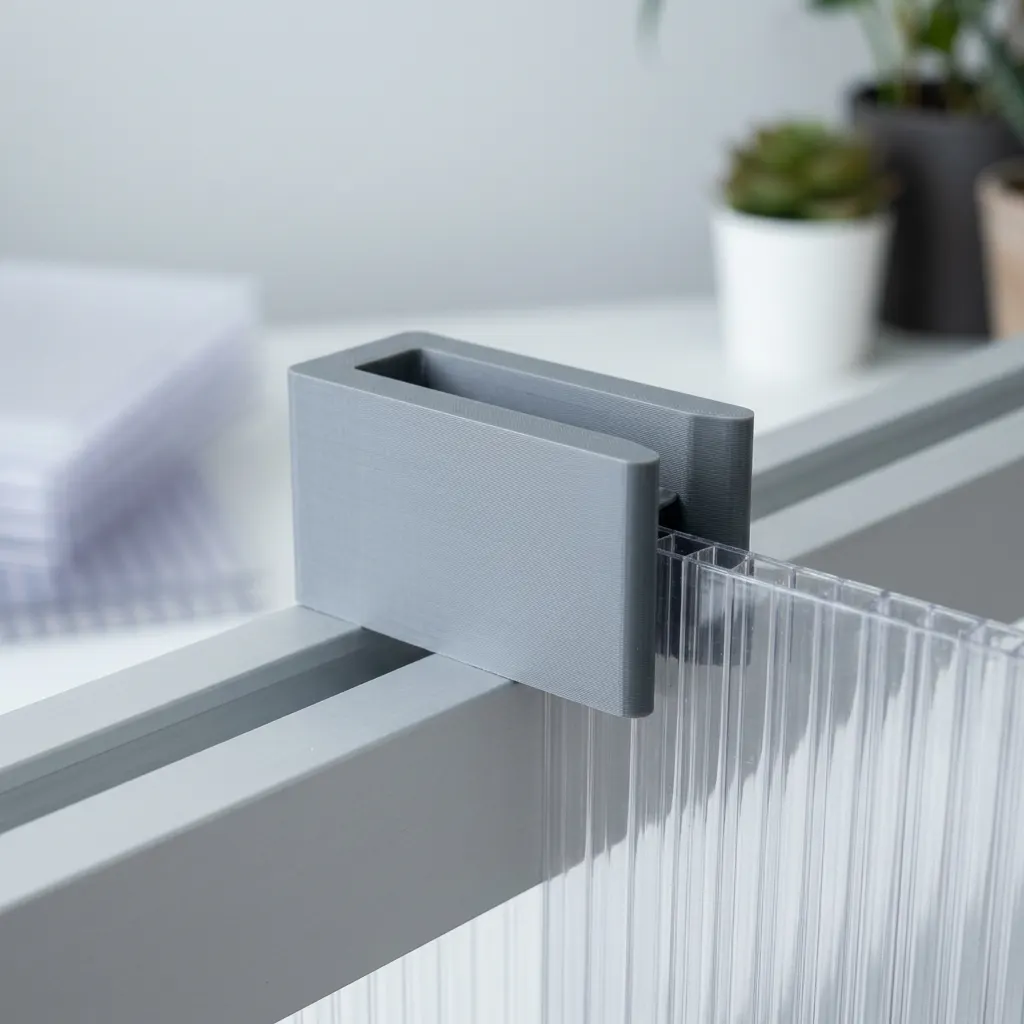 Klips for drivhusplater, 20 stk, 3D-printet i ASA, vist i bruk