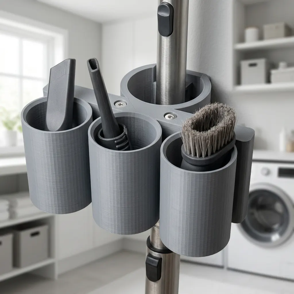 Holder for støvsugermunnstykker, 3D-printet i PETG, vist i bruk