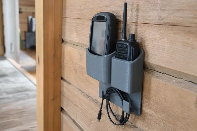 Grå 3D-printet veggdokk med en håndholdt GPS, en radio og en ladekabel på en panelvegg