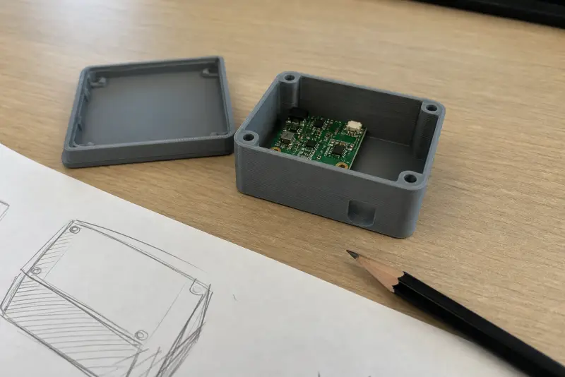 Grå 3D-printet prototype av en elektronikkboks med et kretskort, lokket og en blyantskisse ved siden av