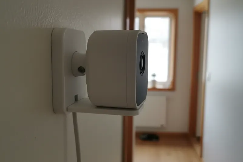 Hvit 3D-printet vinkelbrakett som holder et lite hvitt innendørskamera høyt på veggen i en gang, kabelen ført i et spor i braketten