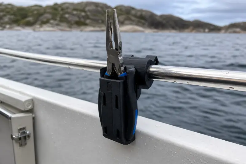 Svart 3D-printet holder med en fisketang klemt fast på en rekke av rustfritt stål på en småbåt