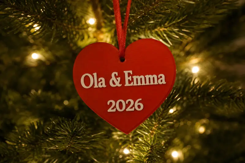 Rød 3D-printet hjertepynt med to navn og årstall på et juletre