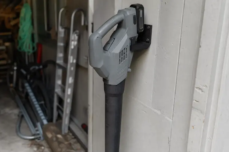 Svart 3D-printet veggholder som holder en batteridrevet løvblåser på veggen i en garasje